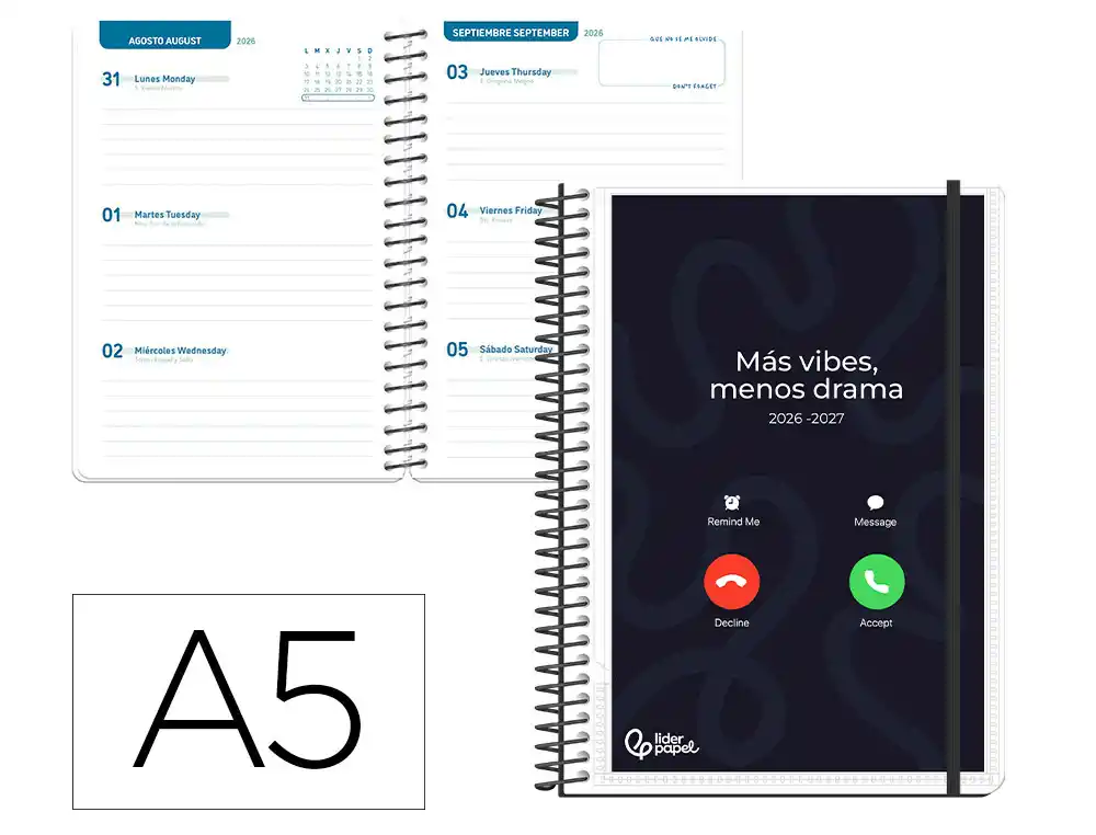 Agenda escolar liderpapel 26-27 espiral personalizable semana vista a5 bilingue 70g papel fsc