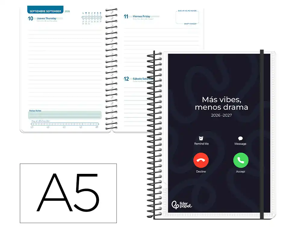 Agenda escolar liderpapel 26-27 espiral personalizable dia pagina a5 bilingue 70g papel fsc