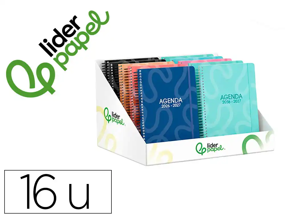 Agenda escolar liderpapel 26-27 espiral classic diseños surtidos bilingüe 70g papel fsc expositor 16 unidades
