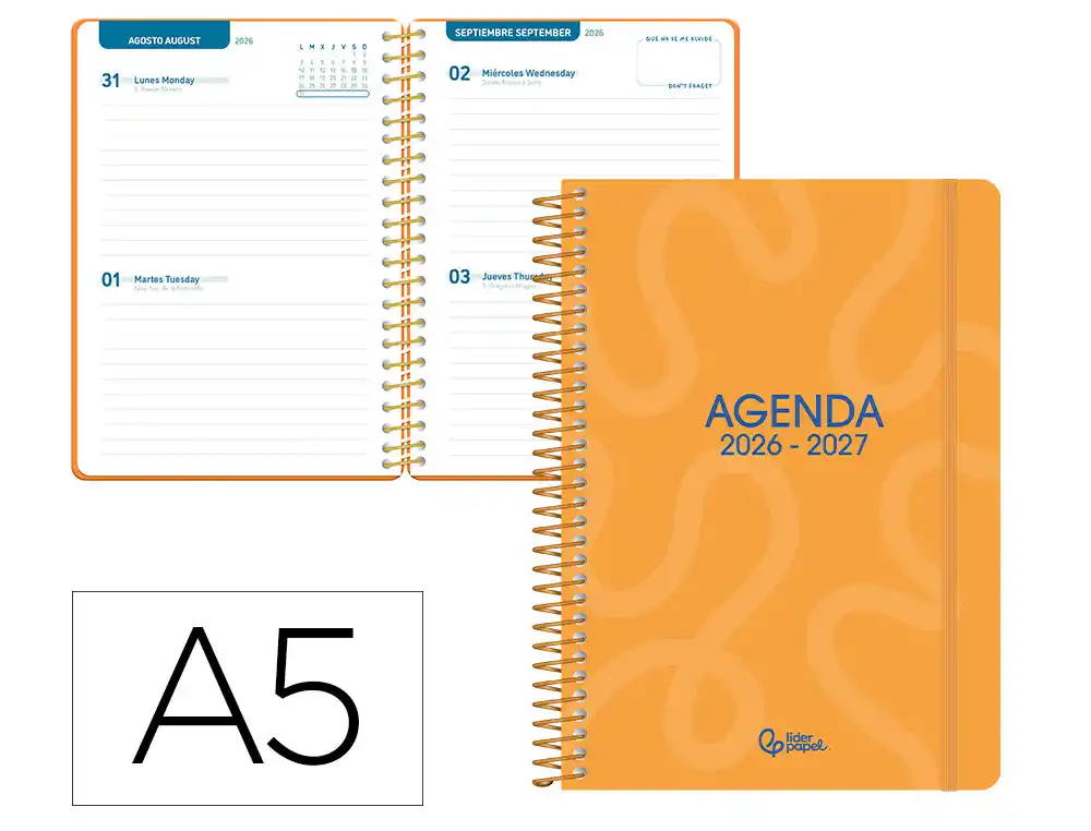 Agenda escolar liderpapel 26-27 espiral classic 2 dias pagina a5 bilingue 70g papel fsc naranja