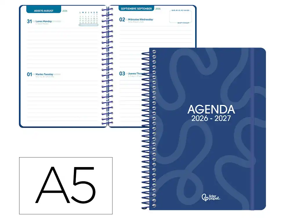 Agenda escolar liderpapel 26-27 espiral classic 2 dias pagina a5 bilingue 70g papel fsc azul marino