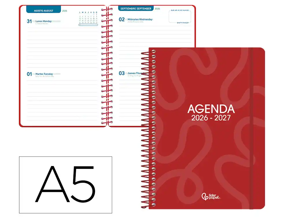 Agenda escolar liderpapel 26-27 espiral classic 2 dias pagina a5 bilingue 70g papel fsc rojo