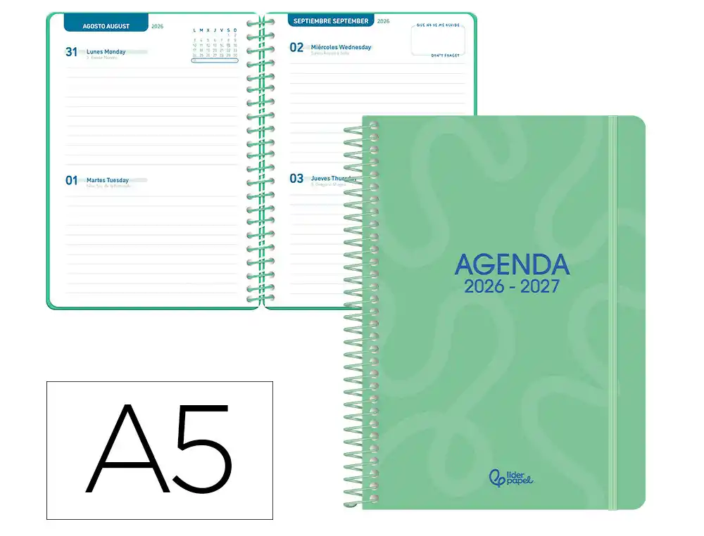 Agenda escolar liderpapel 26-27 espiral classic 2 dias pagina a5 bilingue 70g papel fsc verde