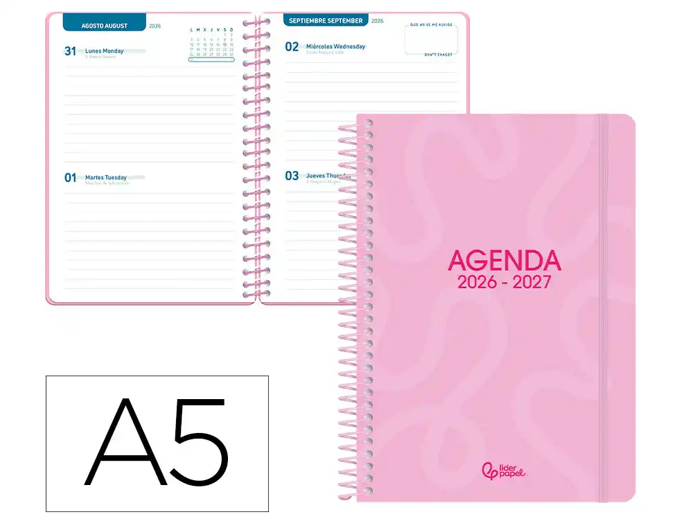 Agenda escolar liderpapel 26-27 espiral classic 2 dias pagina a5 bilingue 70g papel fsc rosa