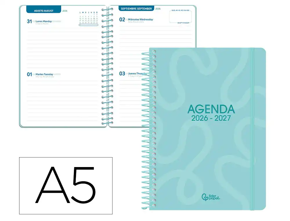 Agenda escolar liderpapel 26-27 espiral classic 2 dias pagina a5 bilingue 70g papel fsc azul turquesa
