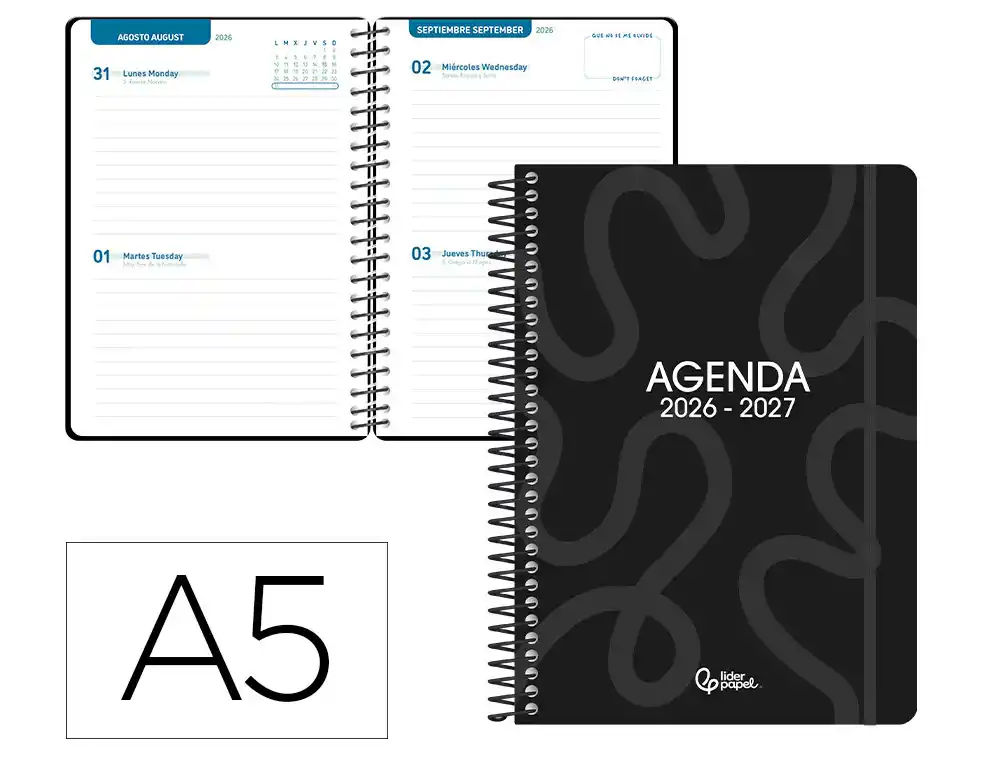 Agenda escolar liderpapel 26-27 espiral classic 2 dias pagina a5 bilingue 70g papel fsc negro