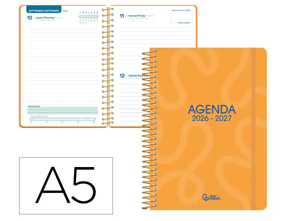 Agenda escolar liderpapel 26-27 espiral classic dia pagina a5 bilingue 70g papel fsc naranja