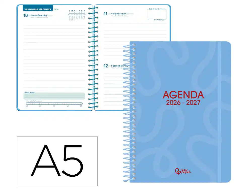 Agenda escolar liderpapel 26-27 espiral classic dia pagina a5 bilingue 70g papel fsc azul