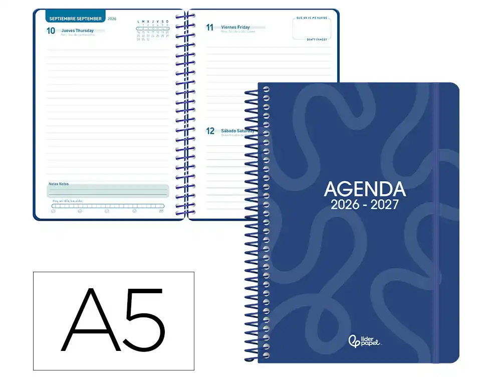 Agenda escolar liderpapel 26-27 espiral classic dia pagina a5 bilingue 70g papel fsc azul marino