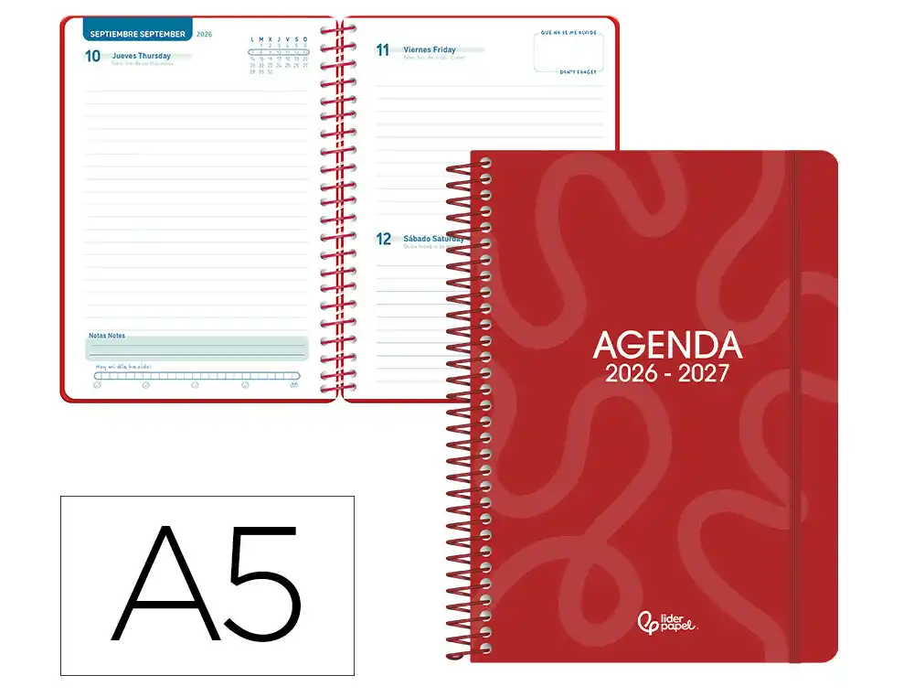 Agenda escolar liderpapel 26-27 espiral classic dia pagina a5 bilingue 70g papel fsc rojo