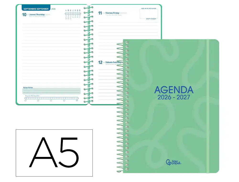 Agenda escolar liderpapel 26-27 espiral classic dia pagina a5 bilingue 70g papel fsc verde