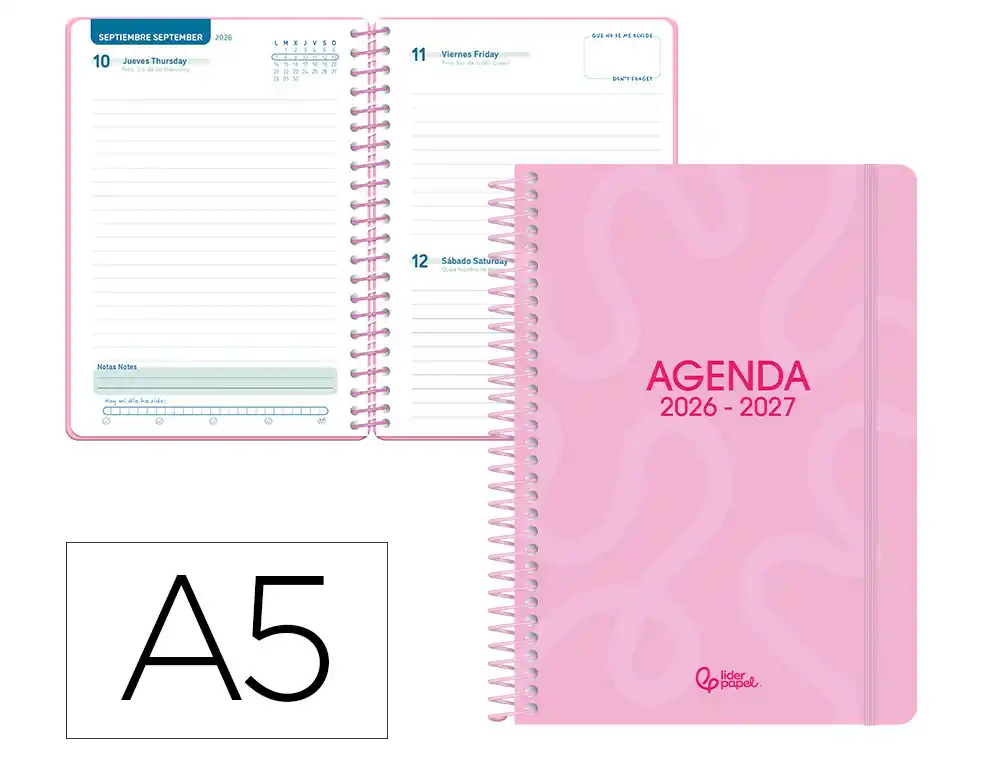 Agenda escolar liderpapel 26-27 espiral classic dia pagina a5 bilingue 70g papel fsc rosa