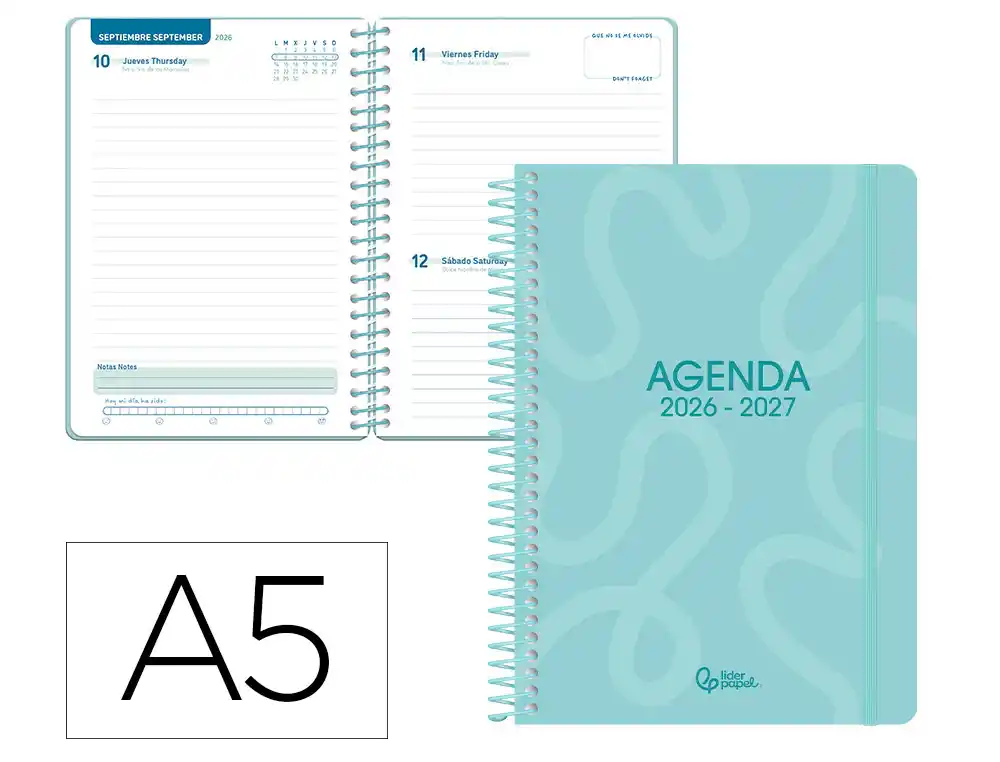 Agenda escolar liderpapel 26-27 espiral classic dia pagina a5 bilingue 70g papel fsc azul turquesa