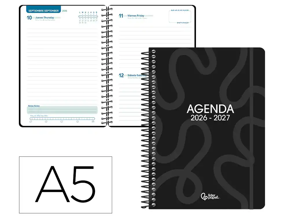 Agenda escolar liderpapel 26-27 espiral classic dia pagina a5 bilingue 70g papel fsc negro