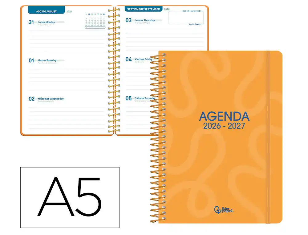 Agenda escolar liderpapel 26-27 espiral classic semana vista a5 bilingue 70g papel fsc naranja