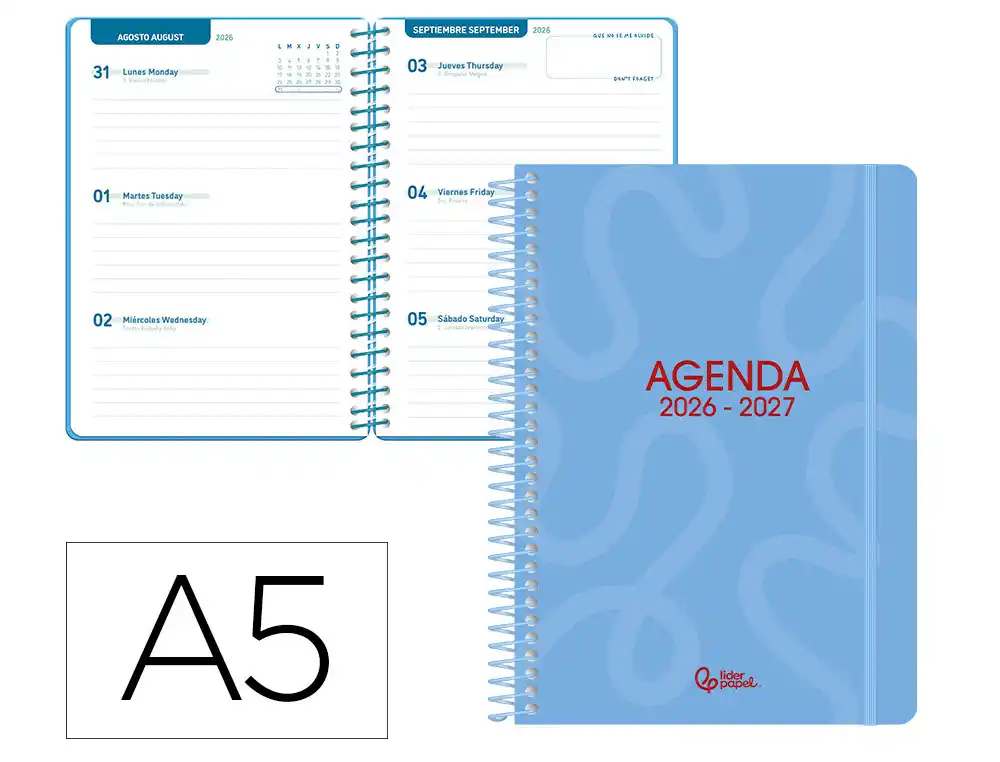 Agenda escolar liderpapel 26-27 espiral classic semana vista a5 bilingue 70g papel fsc azul