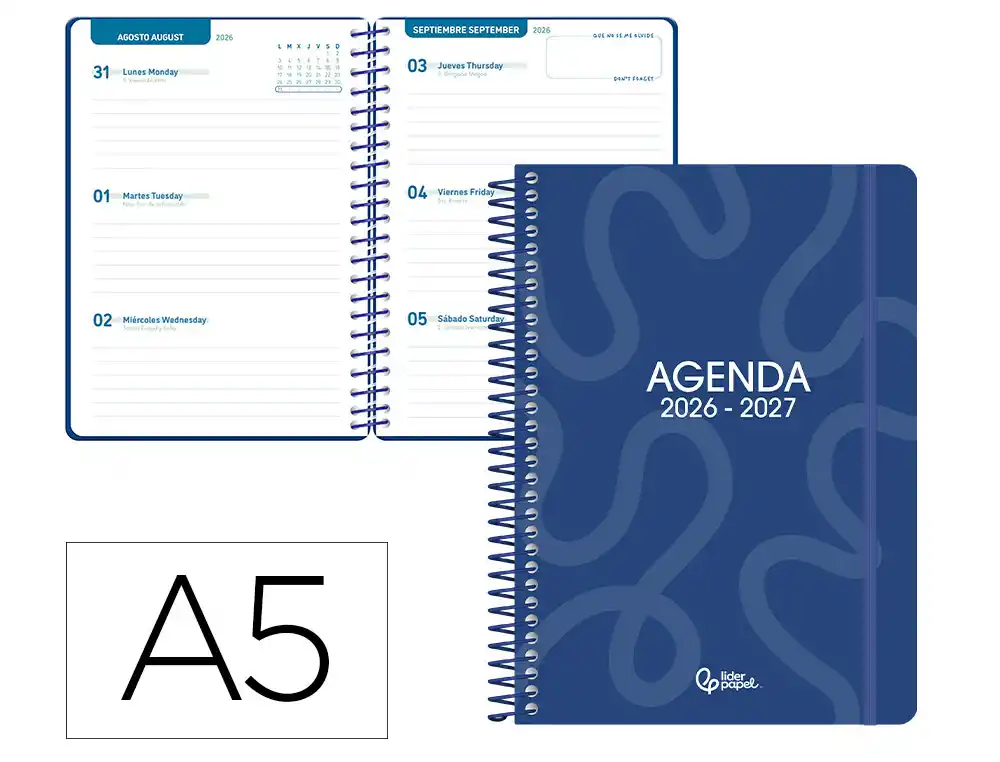 Agenda escolar liderpapel 26-27 espiral classic semana vista a5 bilingue 70g papel fsc azul marino