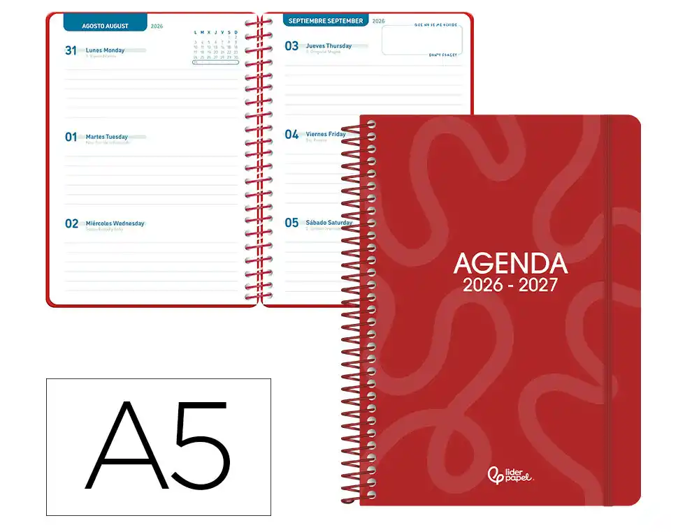Agenda escolar liderpapel 26-27 espiral classic semana vista a5 bilingue 70g papel fsc rojo