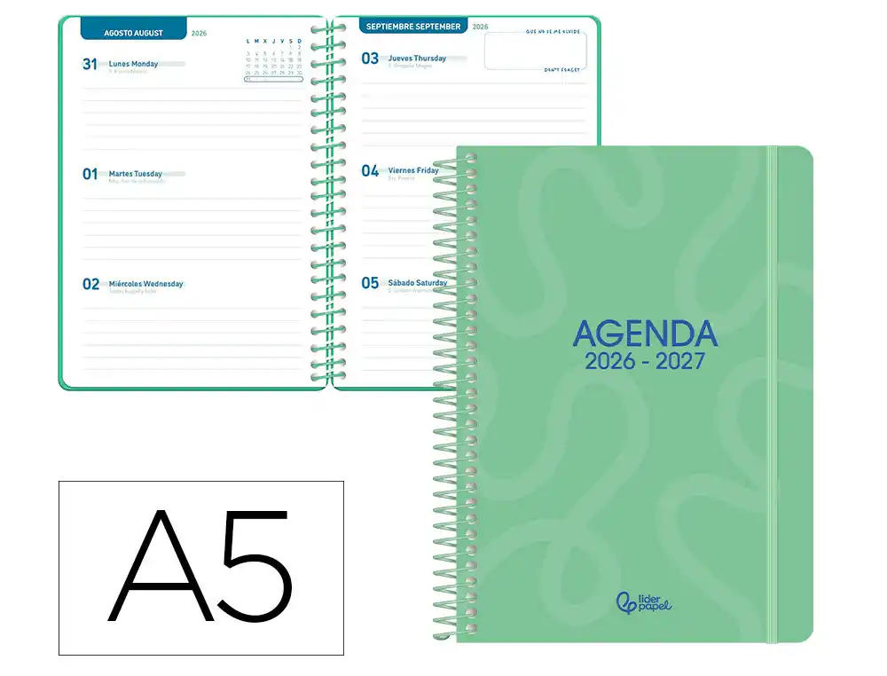 Agenda escolar liderpapel 26-27 espiral classic semana vista a5 bilingue 70g papel fsc verde