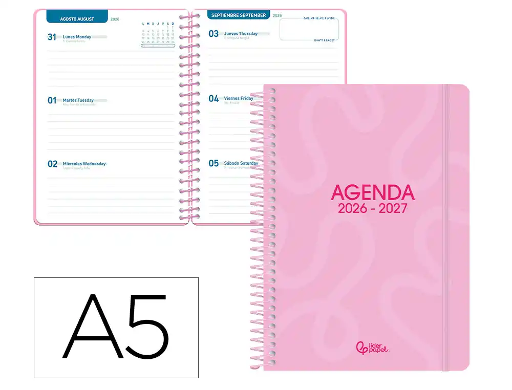 Agenda escolar liderpapel 26-27 espiral classic semana vista a5 bilingue 70g papel fsc rosa