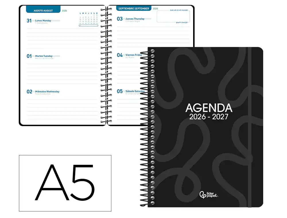 Agenda escolar liderpapel 26-27 espiral classic semana vista a5 bilingue 70g papel fsc negro