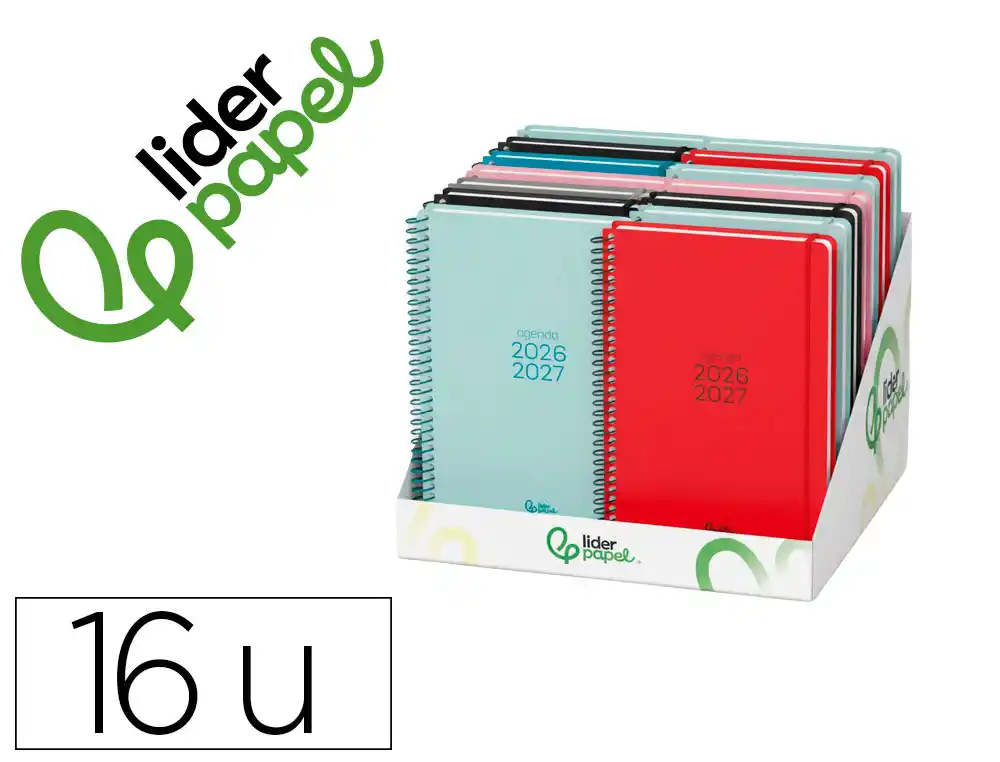 Agenda escolar liderpapel 26-27 espiral basic diseños surtidos bilingüe 70g papel fsc expositor 16 unidades