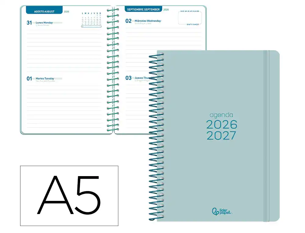 Agenda escolar liderpapel 26-27 espiral basic 2 dias pagina a5 bilingue 70g papel fsc turquesa
