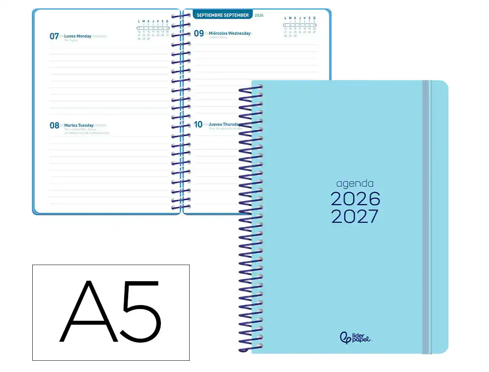 Agenda escolar liderpapel 26-27 espiral basic 2 dias pagina a5 bilingue 70g papel fsc azul turquesa