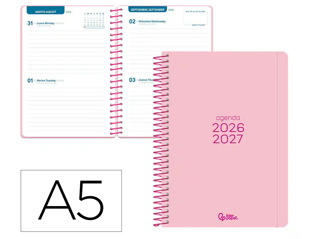 Agenda escolar liderpapel 26-27 espiral basic 2 dias pagina a5 bilingue 70g papel fsc rosa