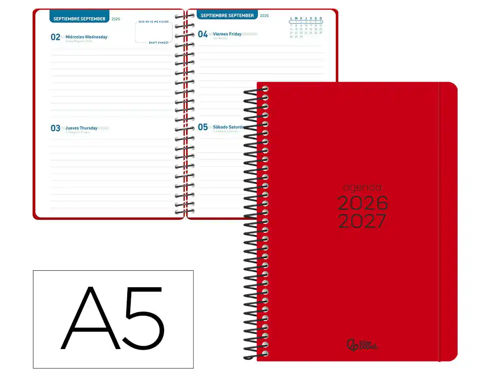 Agenda escolar liderpapel 26-27 espiral basic 2 dias pagina a5 bilingue 70g papel fsc rojo