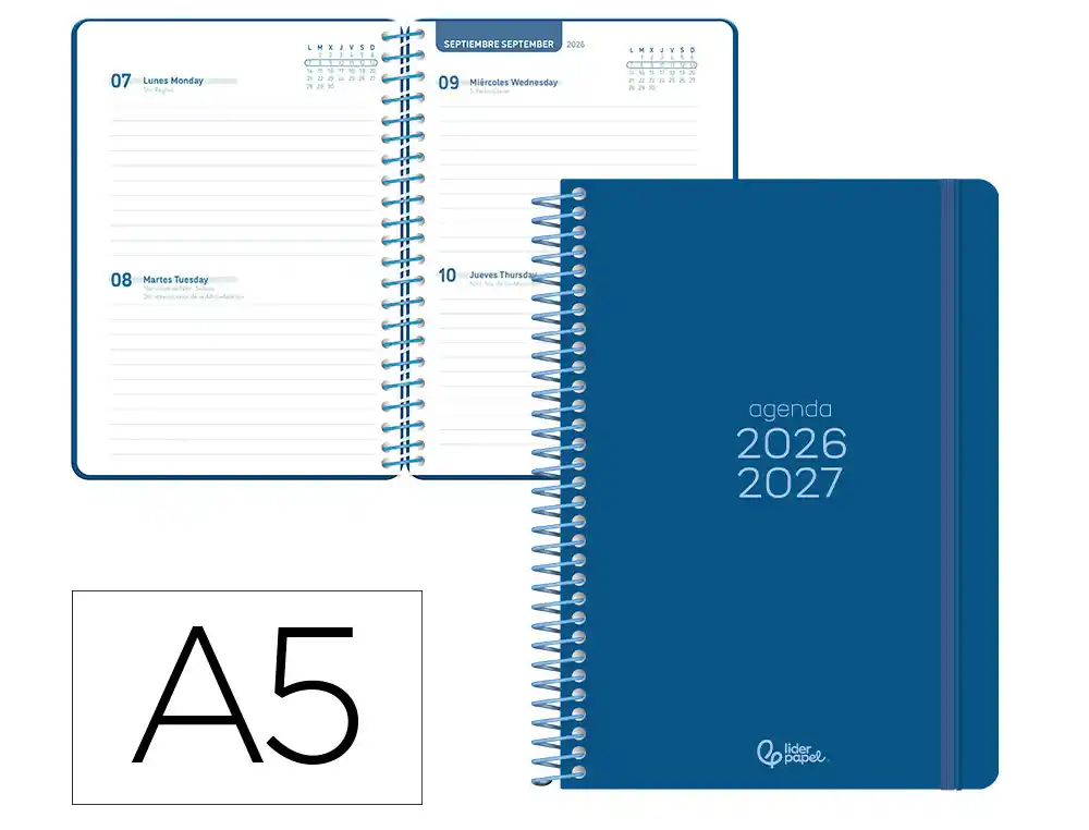 Agenda escolar liderpapel 26-27 espiral basic 2 dias pagina a5 bilingue 70g papel fsc azul marino