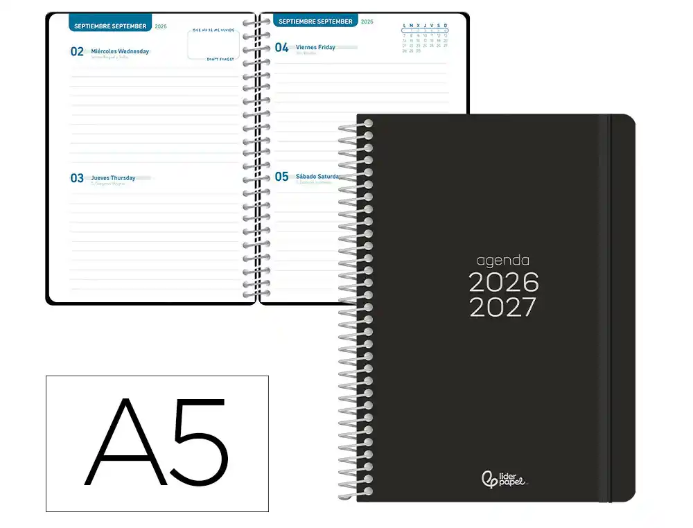 Agenda escolar liderpapel 26-27 espiral basic 2 dias pagina a5 bilingue 70g papel fsc negro