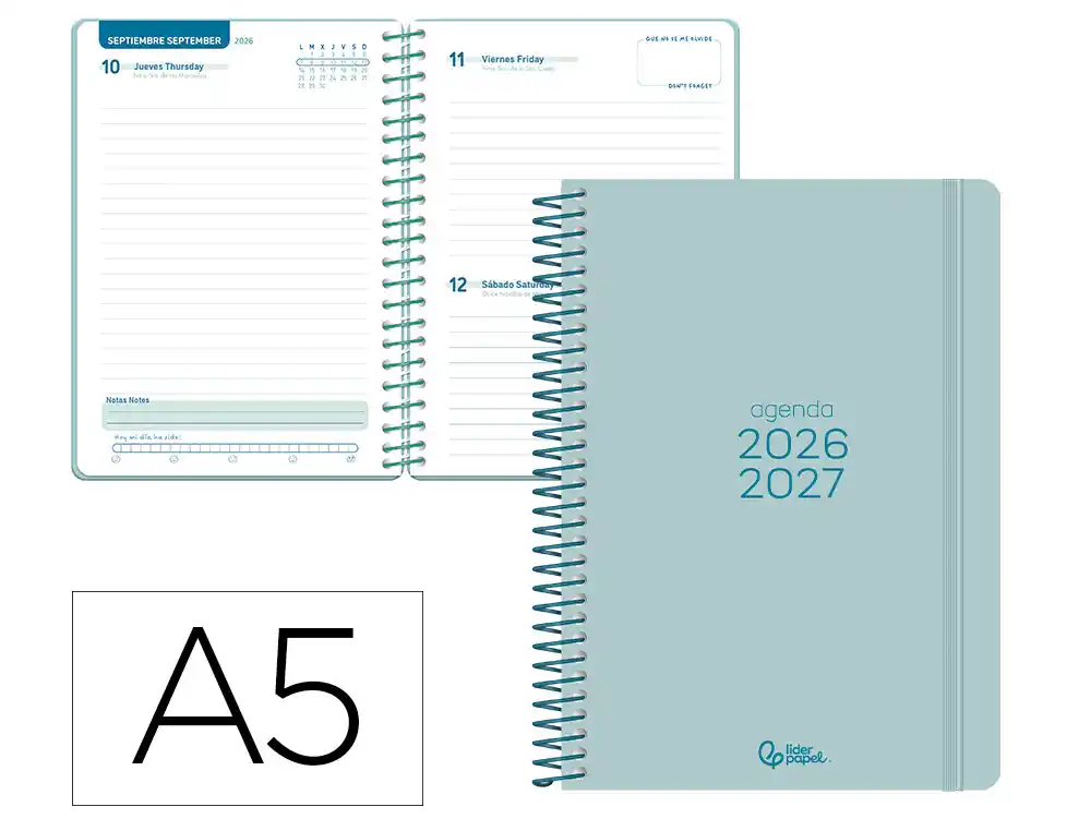 Agenda escolar liderpapel 26-27 espiral basic dia pagina a5 bilingue 70g papel fsc turquesa