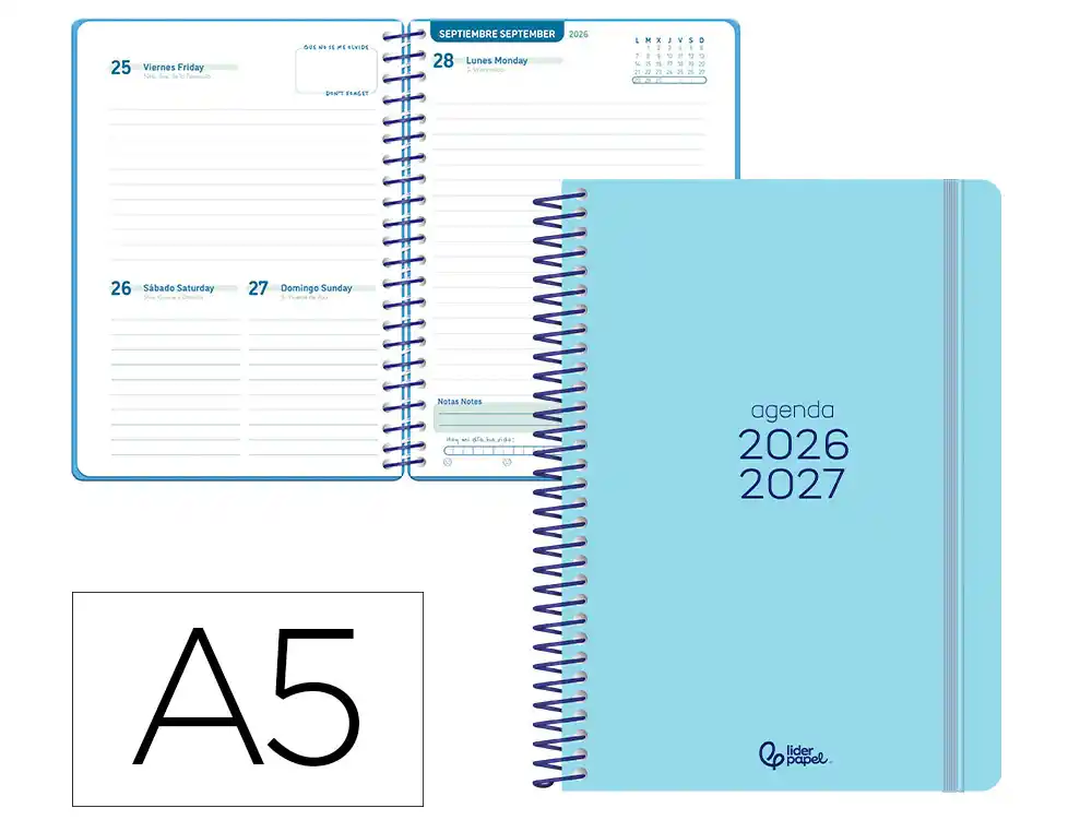 Agenda escolar liderpapel 26-27 espiral basic dia pagina a5 bilingue 70g papel fsc azul turquesa