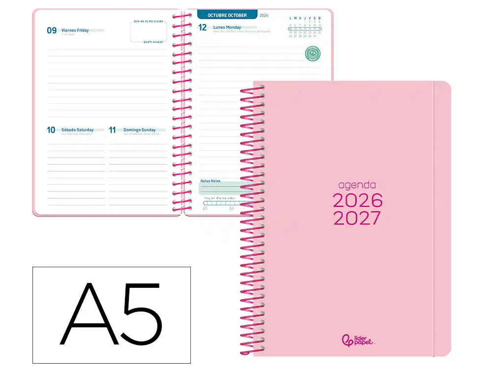 Agenda escolar liderpapel 26-27 espiral basic dia pagina a5 bilingue 70g papel fsc rosa