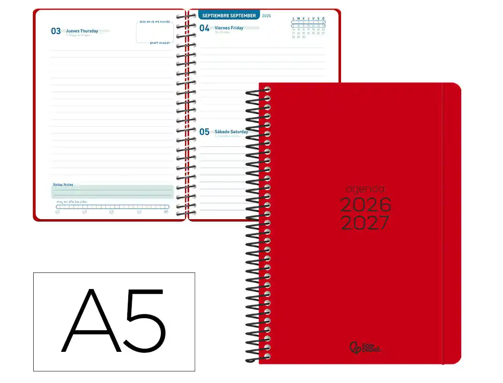 Agenda escolar liderpapel 26-27 espiral basic dia pagina a5 bilingue 70g papel fsc rojo
