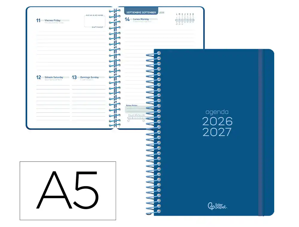 Agenda escolar liderpapel 26-27 espiral basic dia pagina a5 bilingue 70g papel fsc azul marino