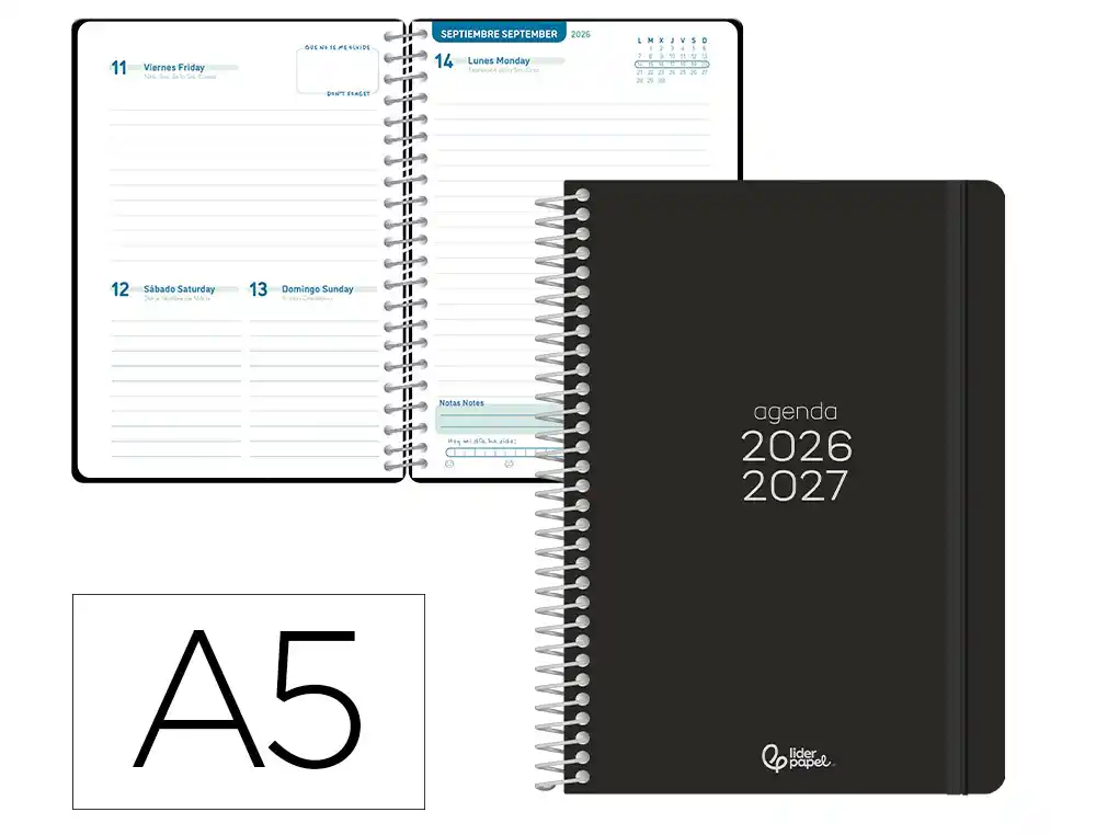 Agenda escolar liderpapel 26-27 espiral basic dia pagina a5 bilingue 70g papel fsc negro