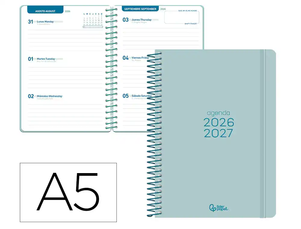 Agenda escolar liderpapel 26-27 espiral basic semana vista a5 bilingue 70g papel fsc turquesa