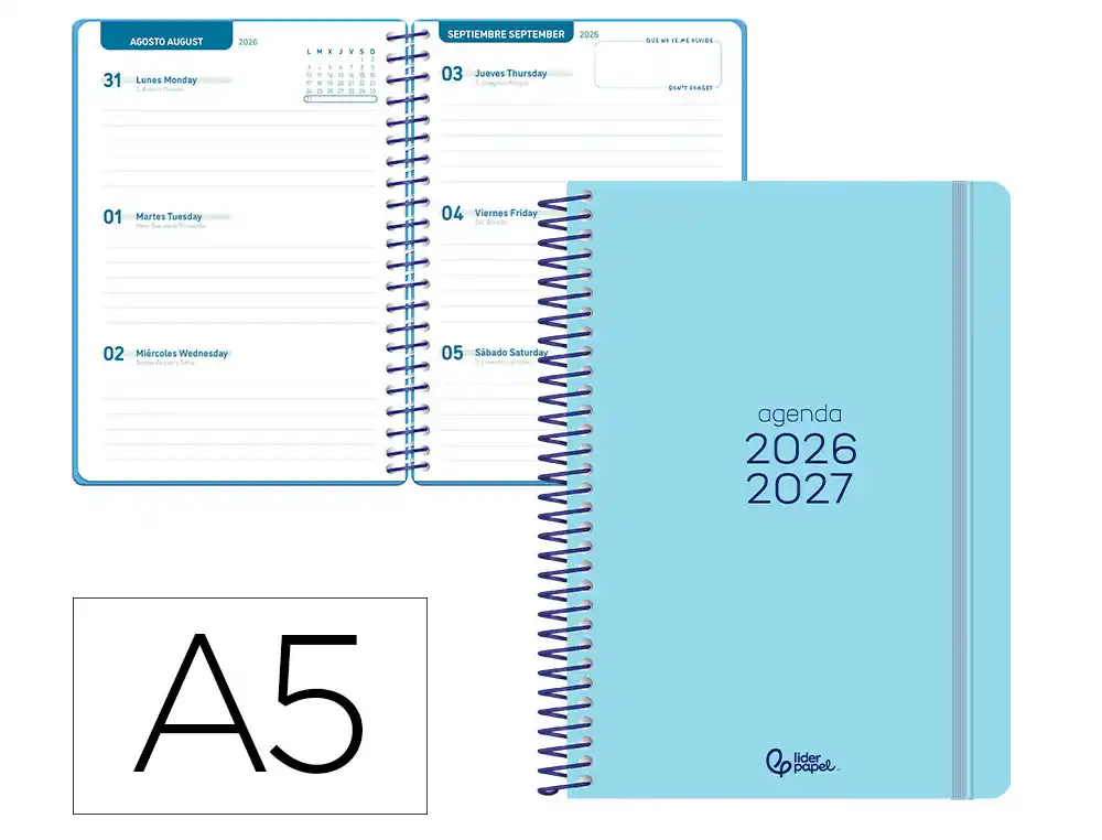 Agenda escolar liderpapel 26-27 espiral basic semana vista a5 bilingue 70g papel fsc azul turquesa