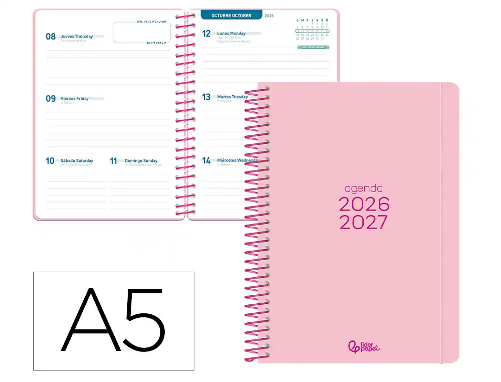 Agenda escolar liderpapel 26-27 espiral basic semana vista a5 bilingue 70g papel fsc rosa
