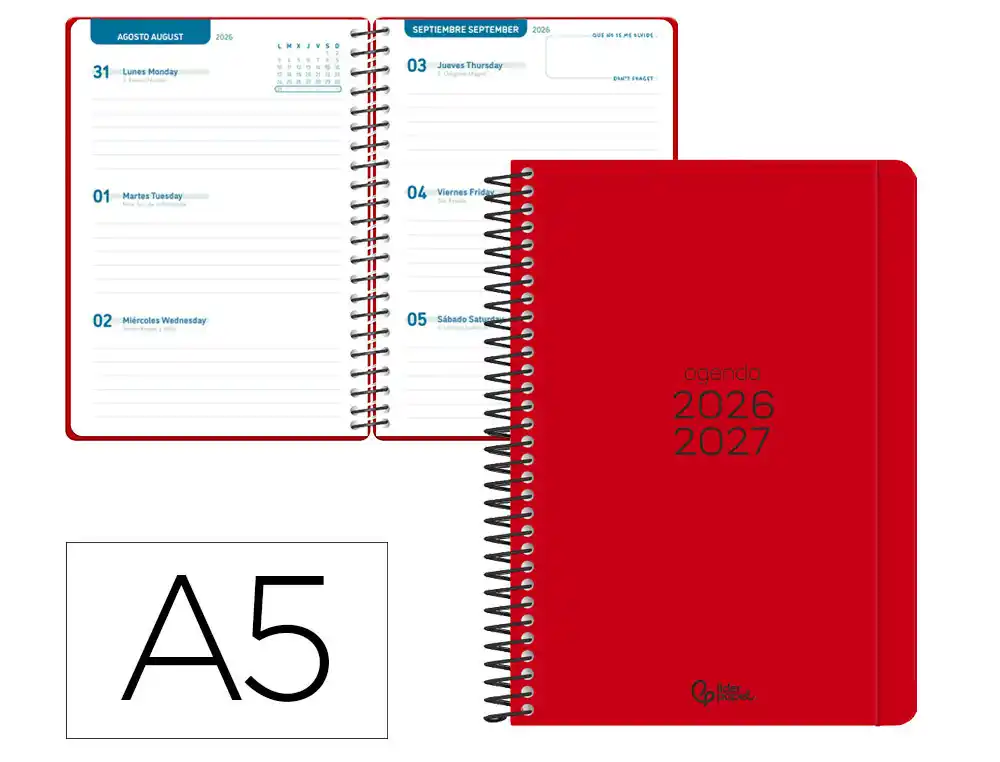 Agenda escolar liderpapel 26-27 espiral basic semana vista a5 bilingue 70g papel fsc rojo