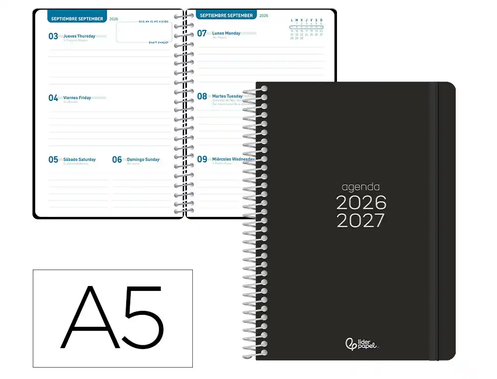Agenda escolar liderpapel 26-27 espiral basic semana vista a5 bilingue 70g papel fsc negro
