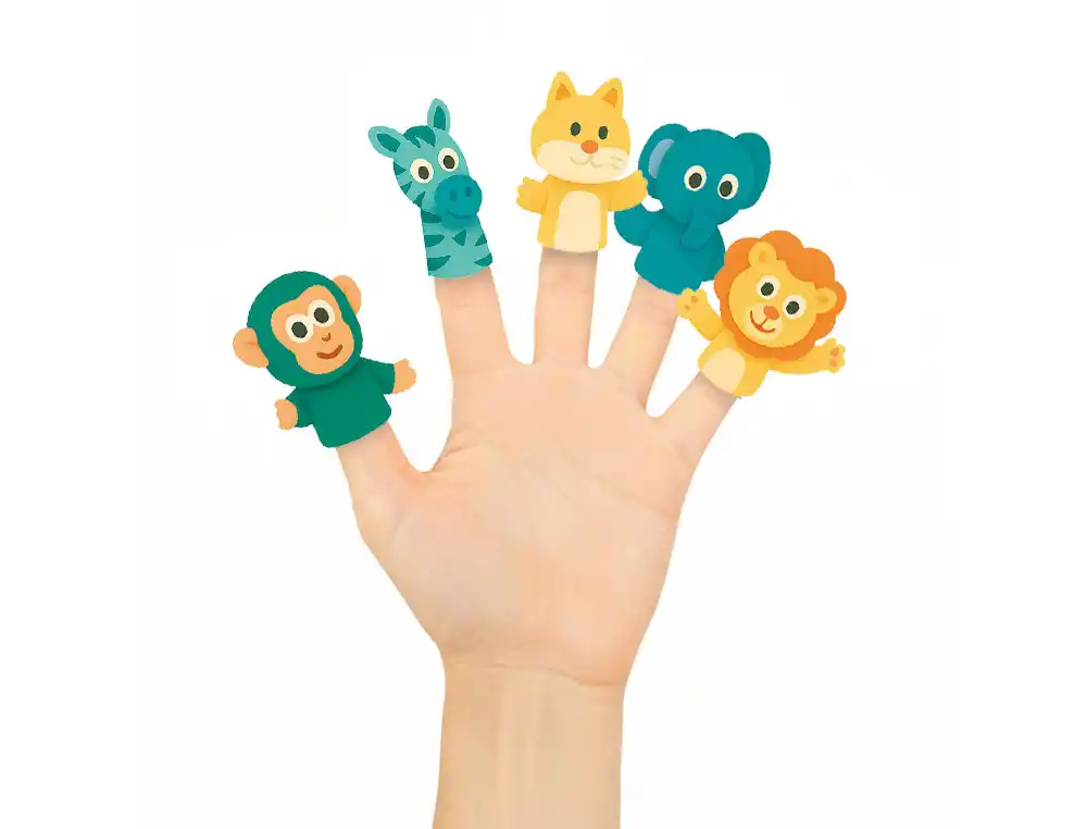 [174586] Marionetas de dedos imaginovo tiny tales pvc selva blister de 5 unidades surtidas