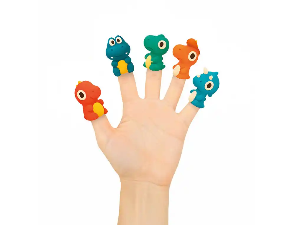 [174585] Marionetas de dedos imaginovo tiny tales pvc dinosaurios blister de 5 unidades surtidas