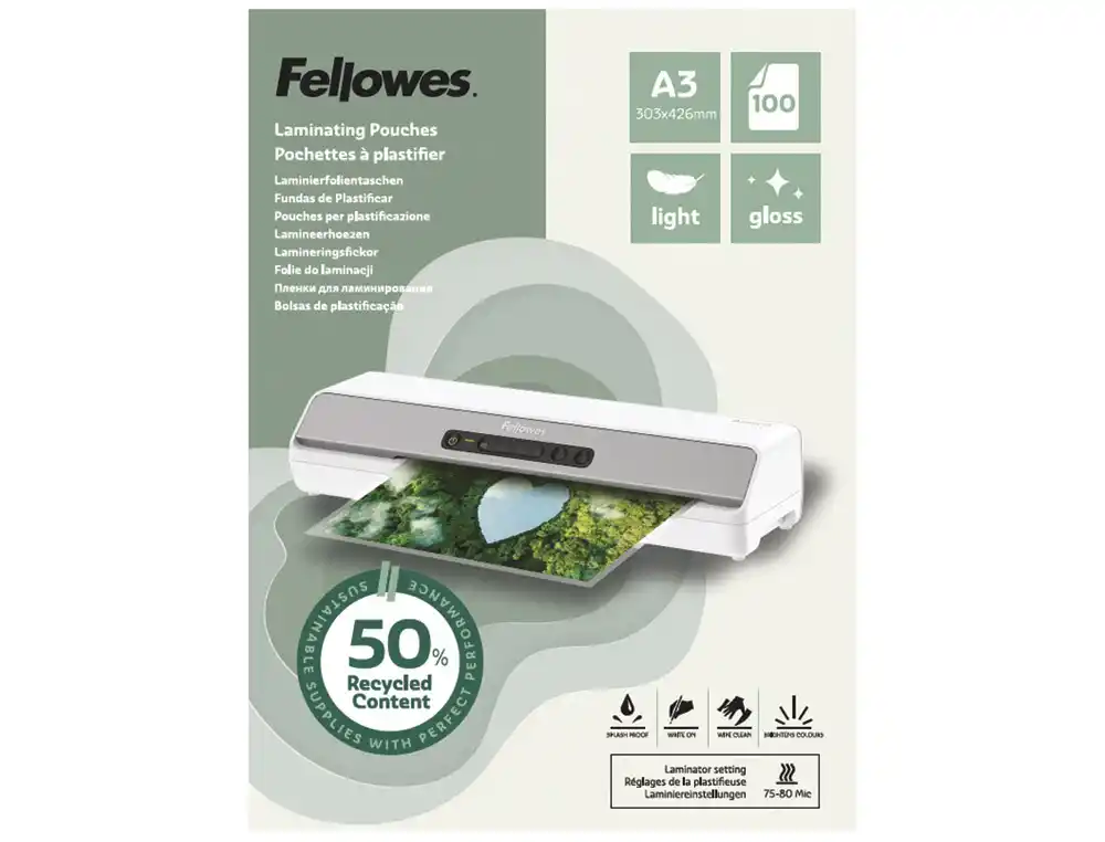 [174495] Bolsa de plastificar fellowes recicladas brillo din a3 80 mc pack de 100 unidades