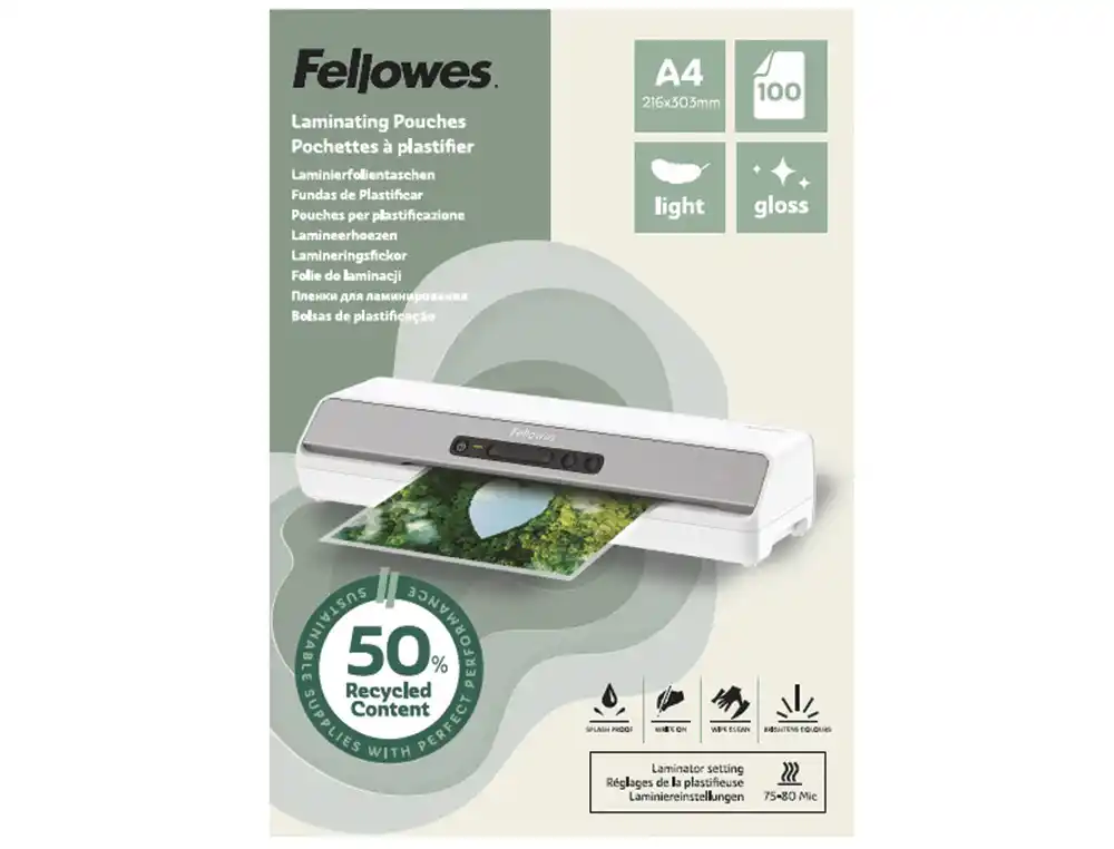 [174494] Bolsa de plastificar fellowes recicladas brillo din a4 80 mc pack de 100 unidades