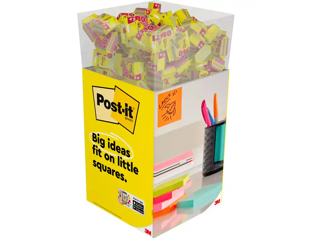 Bloc de notas adhesivas quita y pon post-it cubo 76x76 mm expositor suelo de 96 unidades surtidas 400x400x900 mm