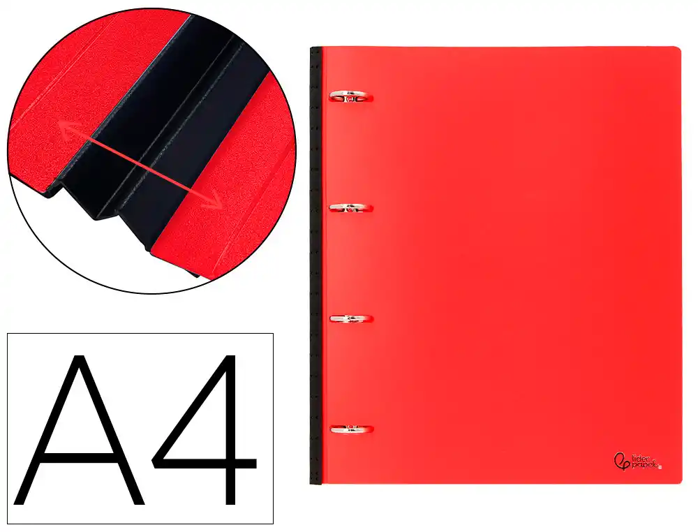 [174423] Carpeta liderpapel 4 anillas redondas 25 mm polipropileno din a4 ultra compacta con lomo extensible 4 cm rojo