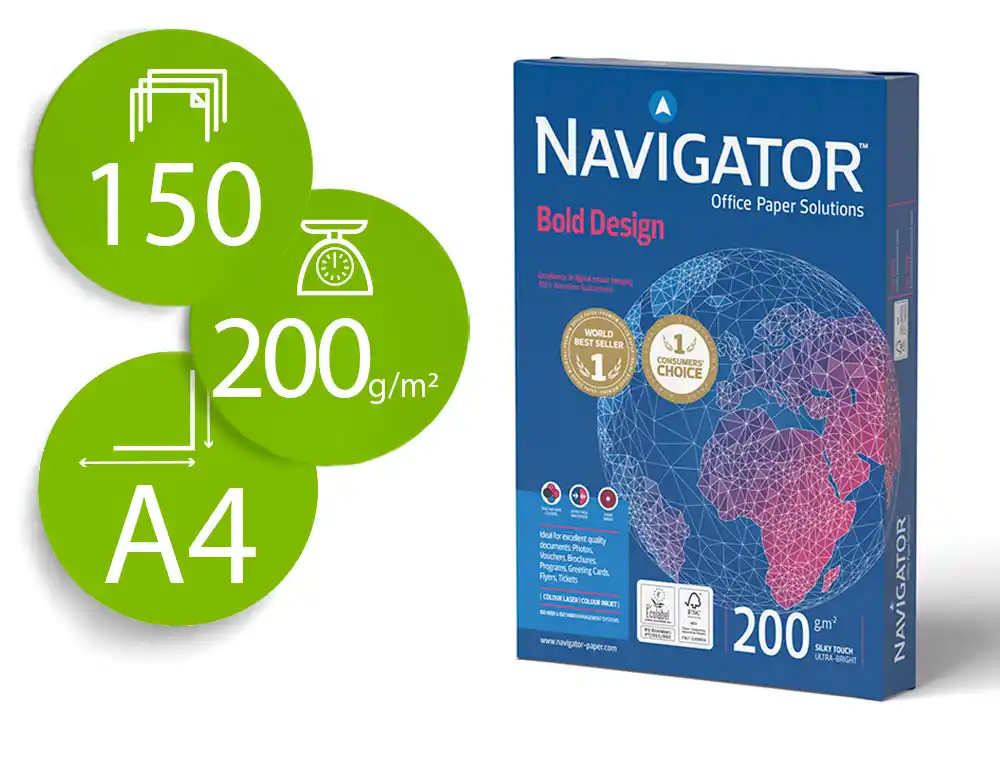 [174323] Papel fotocopiadora navigator bold design din a4 200 gr papel multiuso ink-jet y laser paquete de 150 hojas